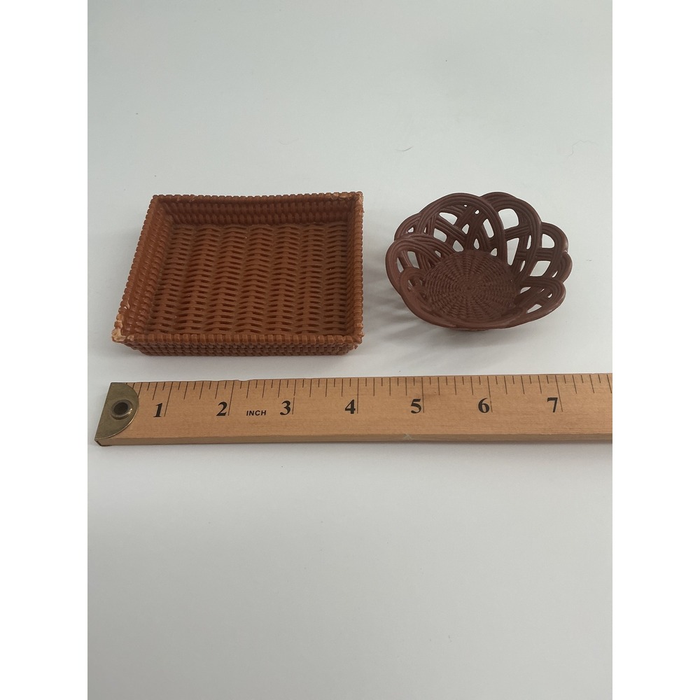 Vintage Miniature Brown Faux Wicker Plastic Baskets Set of 2 Dollhouse Decor